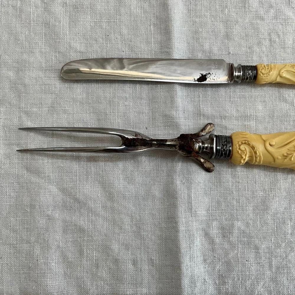 Universal Vintage Carving Set Faux Bone Celluloid Floral Scroll Stainless Steel‎